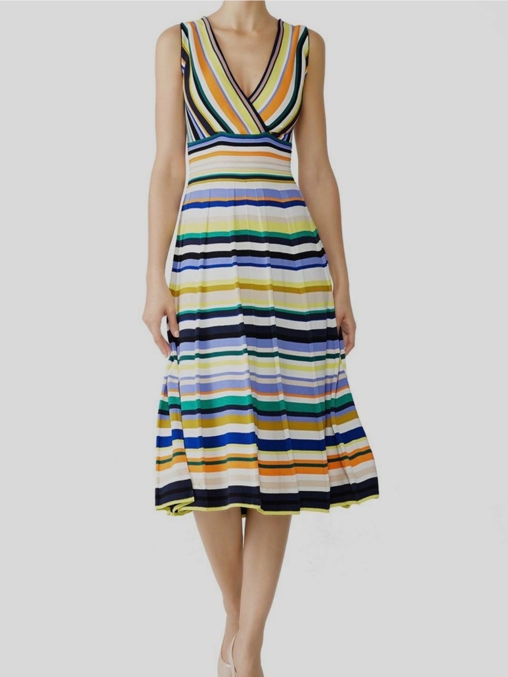 Milly | Striped Surplice Fit & Flare Midi Dress, S